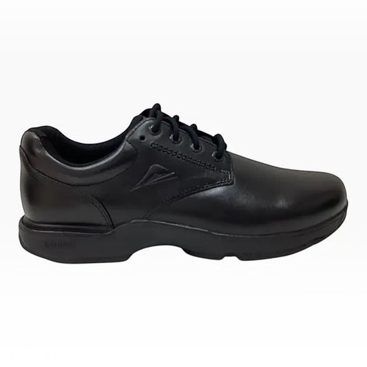 The Shoe Shop Ascent Apex Wide 2E black leather school shoe with durable rubber sole and arch support.