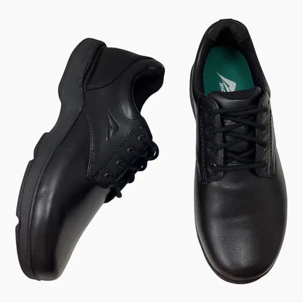 The Shoe Shop Ascent Apex Wide 2E black leather school shoes with durable rubber soles and arch support.