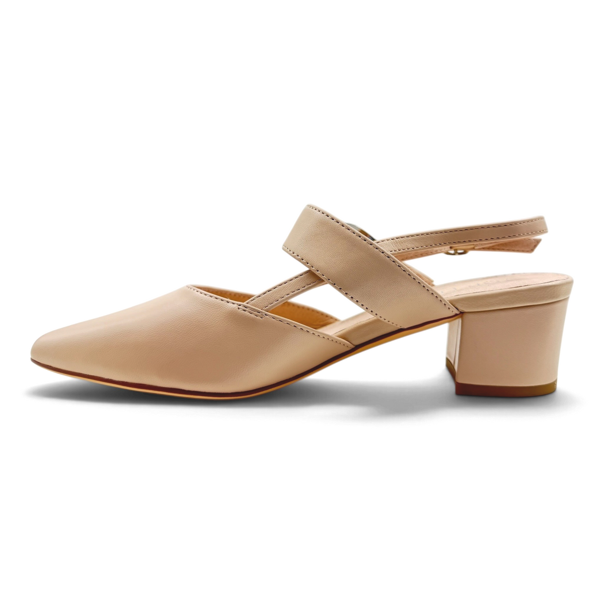 The Shoe Shop Asten beige leather pointed toe heel with a comfortable block heel and adjustable ankle strap.