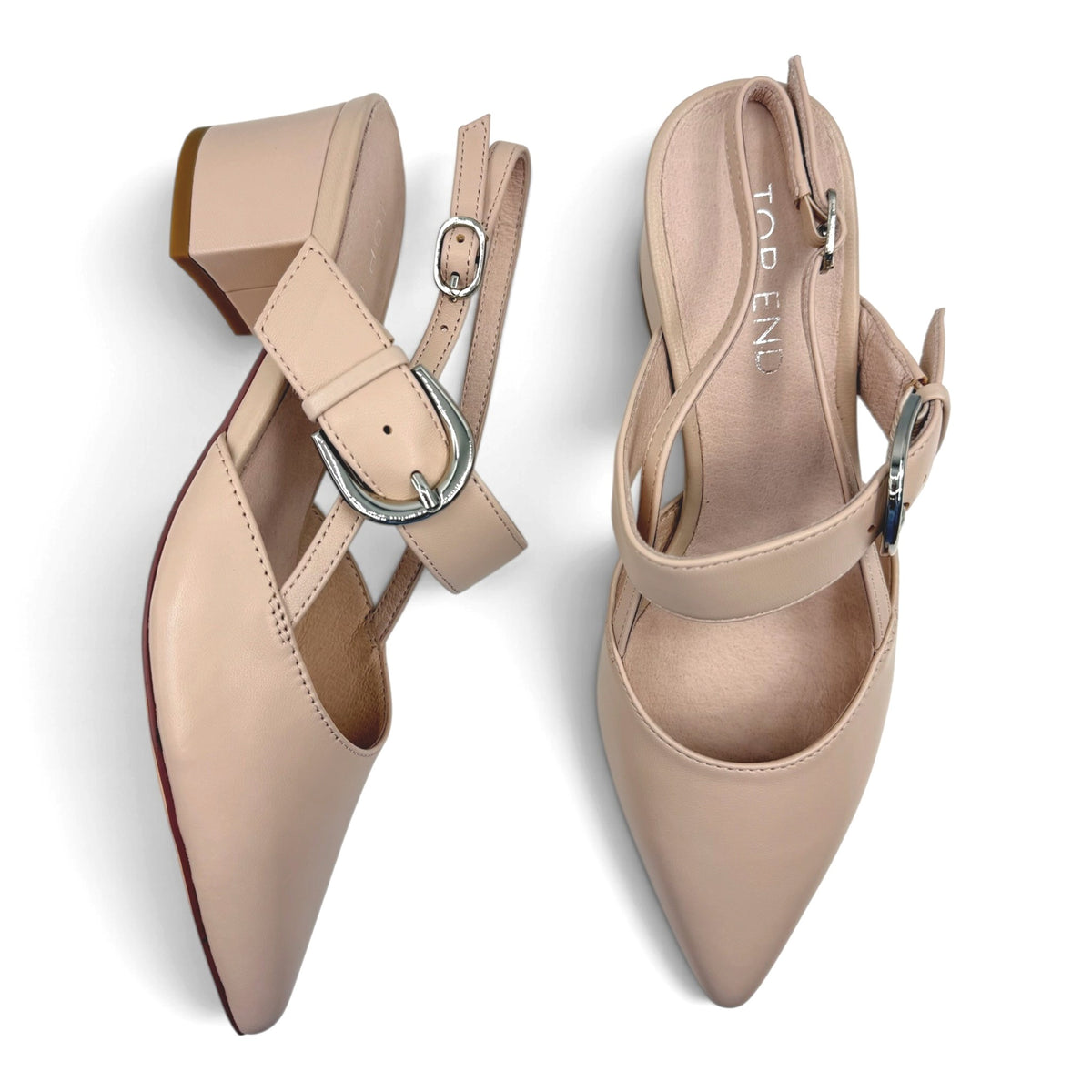 The Shoe Shop Asten beige leather heels with a pointed toe, adjustable ankle strap, and 4.5cm block heel.
