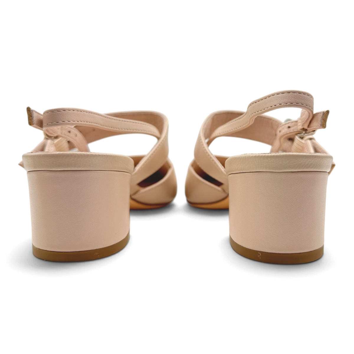 The Shoe Shop Asten beige leather heels featuring a 4.5cm block heel and adjustable ankle strap, rear view.