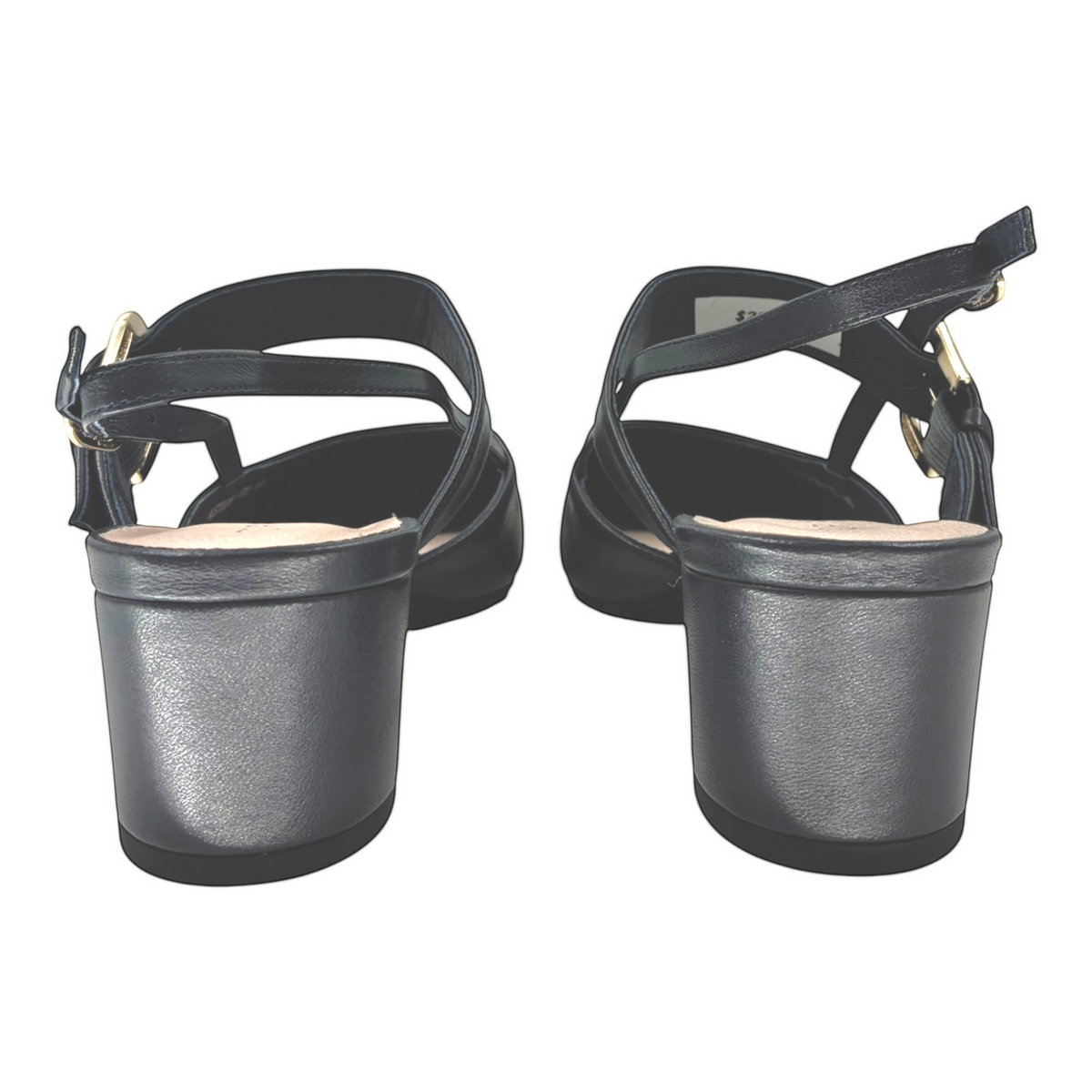 The Shoe Shop Asten Heel in black leather featuring a low block heel and adjustable ankle strap with gold buckle