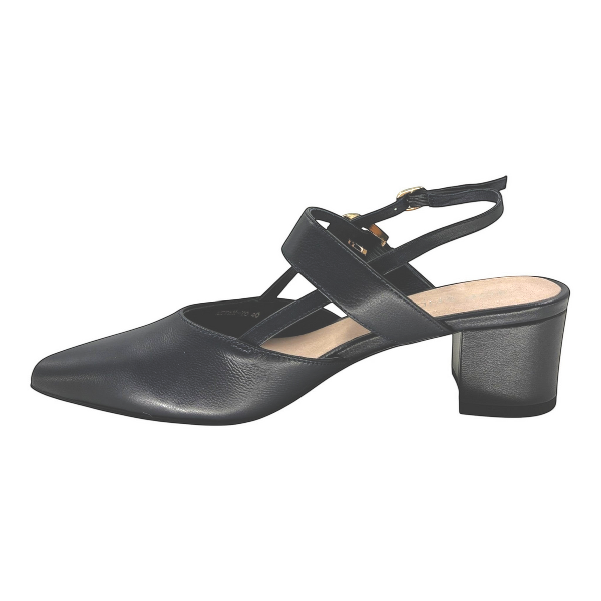 The Shoe Shop Asten black leather closed-toe block heel sandal with adjustable ankle strap