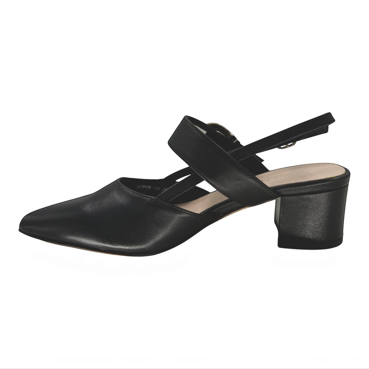 The Shoe Shop Asten black leather pointed toe heel with a comfortable block heel and adjustable ankle strap.