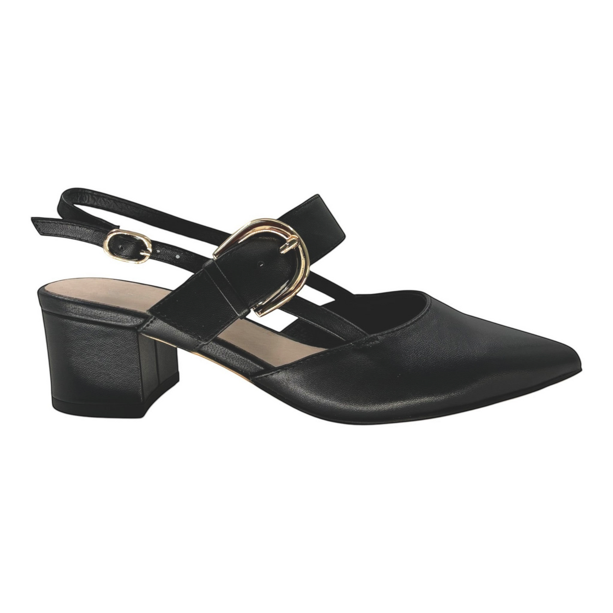 The Shoe Shop Asten black leather pointed-toe heels with buckled arch and heel straps and a medium block heel.