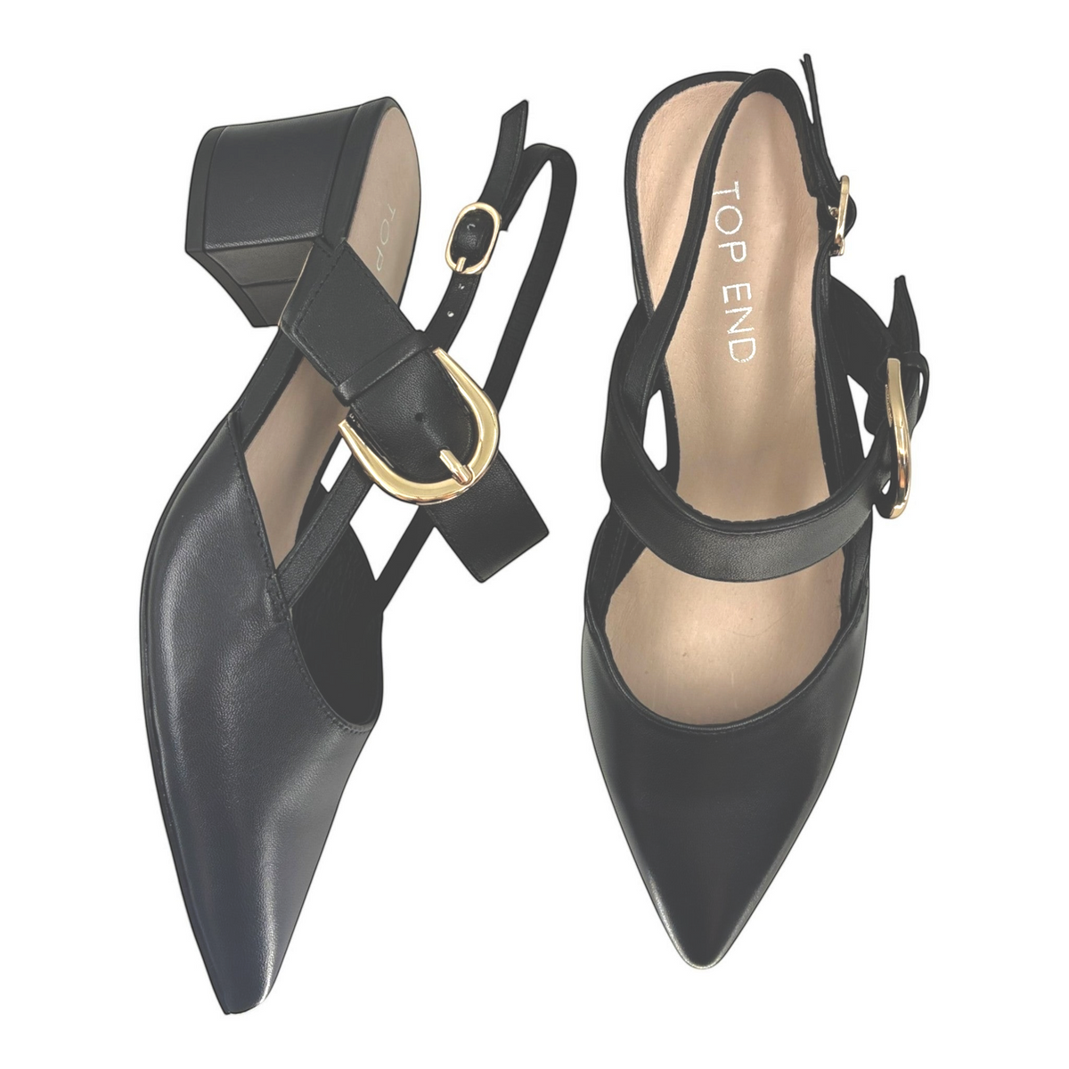 The Shoe Shop Asten black leather pointed-toe slingback heels with gold buckle detail and low block heel