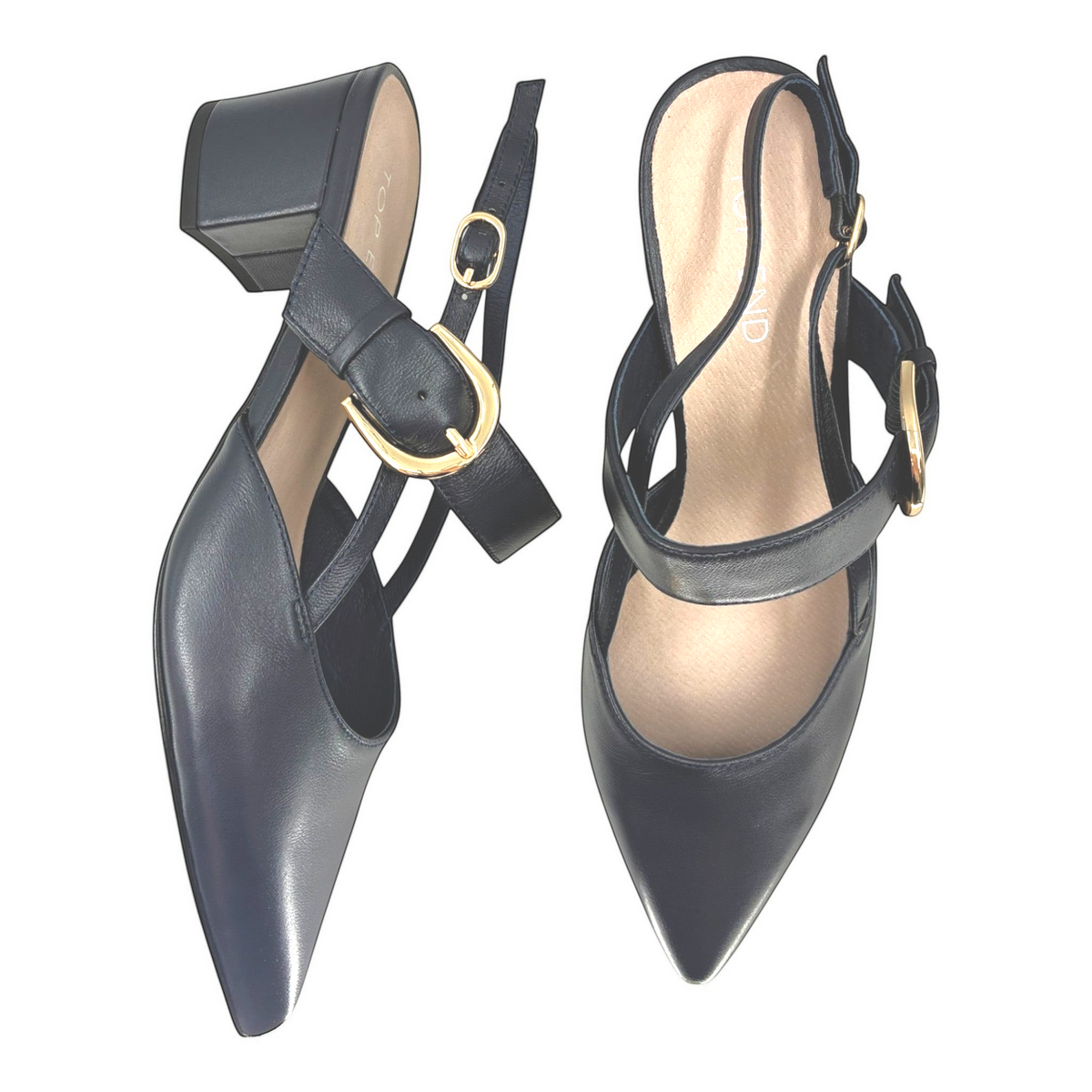 The Shoe Shop Asten black leather pointed-toe slingback heels with gold buckle detail and low block heel