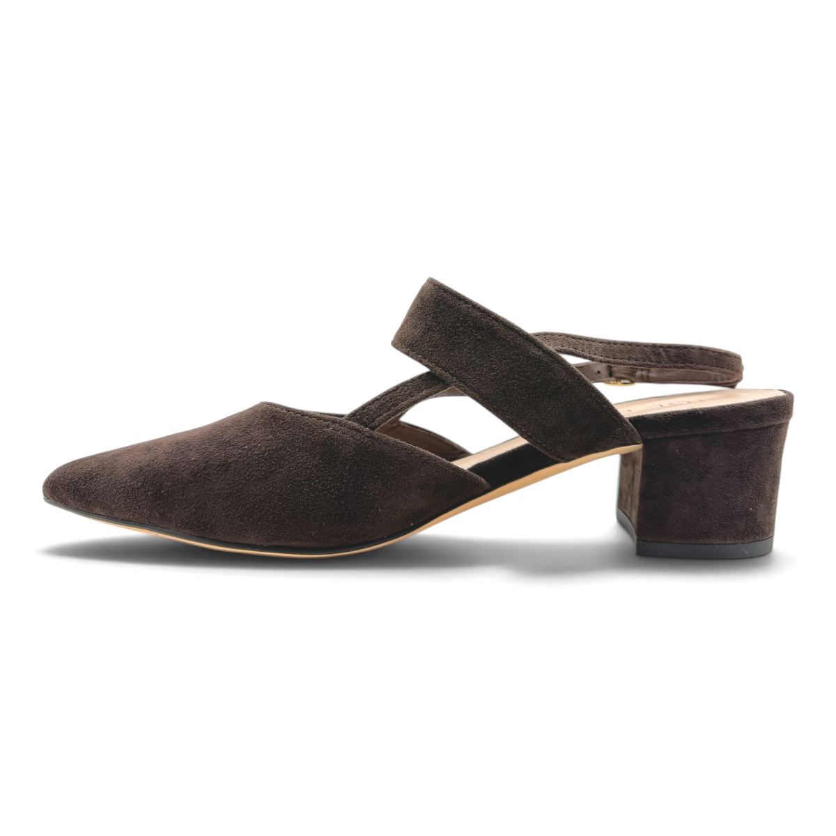 The Shoe Shop Asten dark brown suede pointed toe block heel with an adjustable ankle strap and slim side profile.
