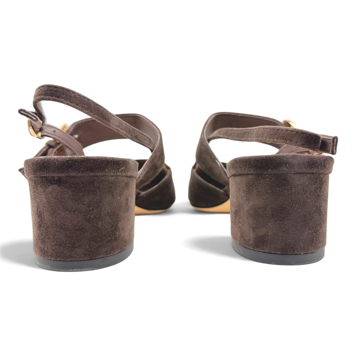 The Shoe Shop Asten brown suede block heels showing the back view with adjustable ankle straps.