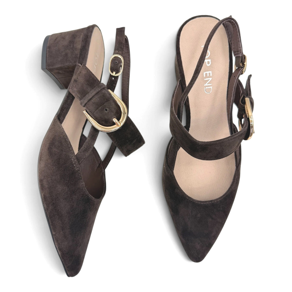The Shoe Shop Asten dark brown suede block heel shoes with pointed toe and adjustable gold buckle ankle strap