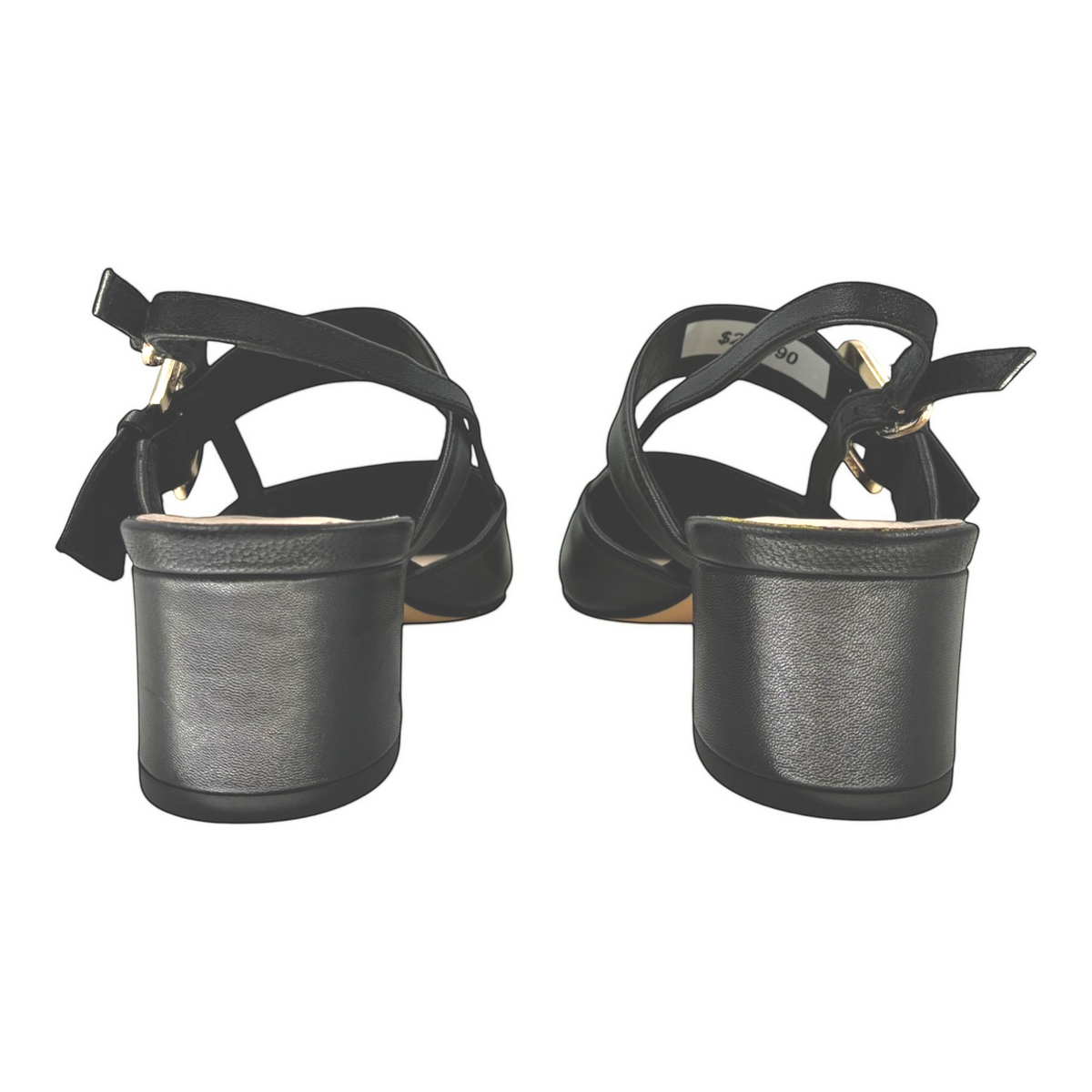 Rear view of The Shoe Shop Asten Heel featuring black leather block heels with adjustable ankle straps