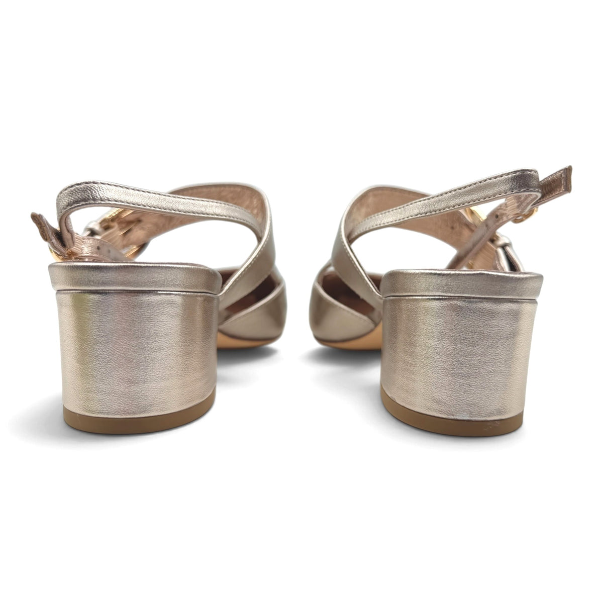 The Shoe Shop Asten metallic leather block heels with adjustable ankle straps viewed from the back.