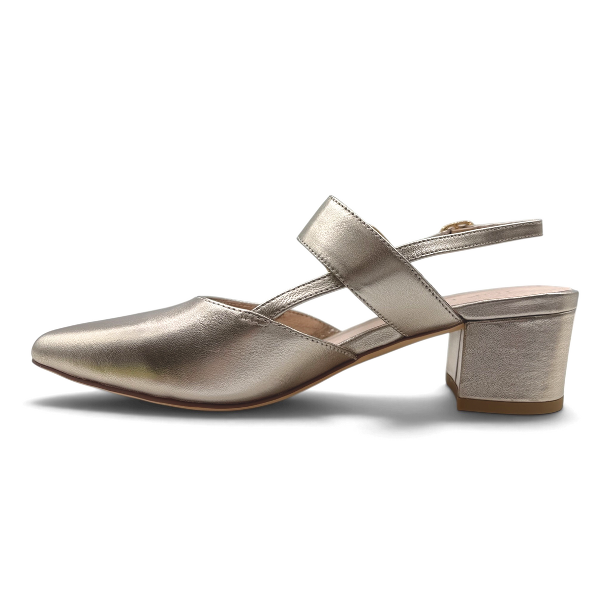 The Shoe Shop Asten metallic leather block heel with a pointed toe and adjustable ankle strap in a side profile view.