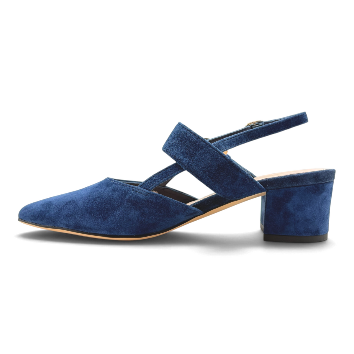 The Shoe Shop Asten navy blue suede pointed toe block heel with an adjustable ankle strap and slim side profile.