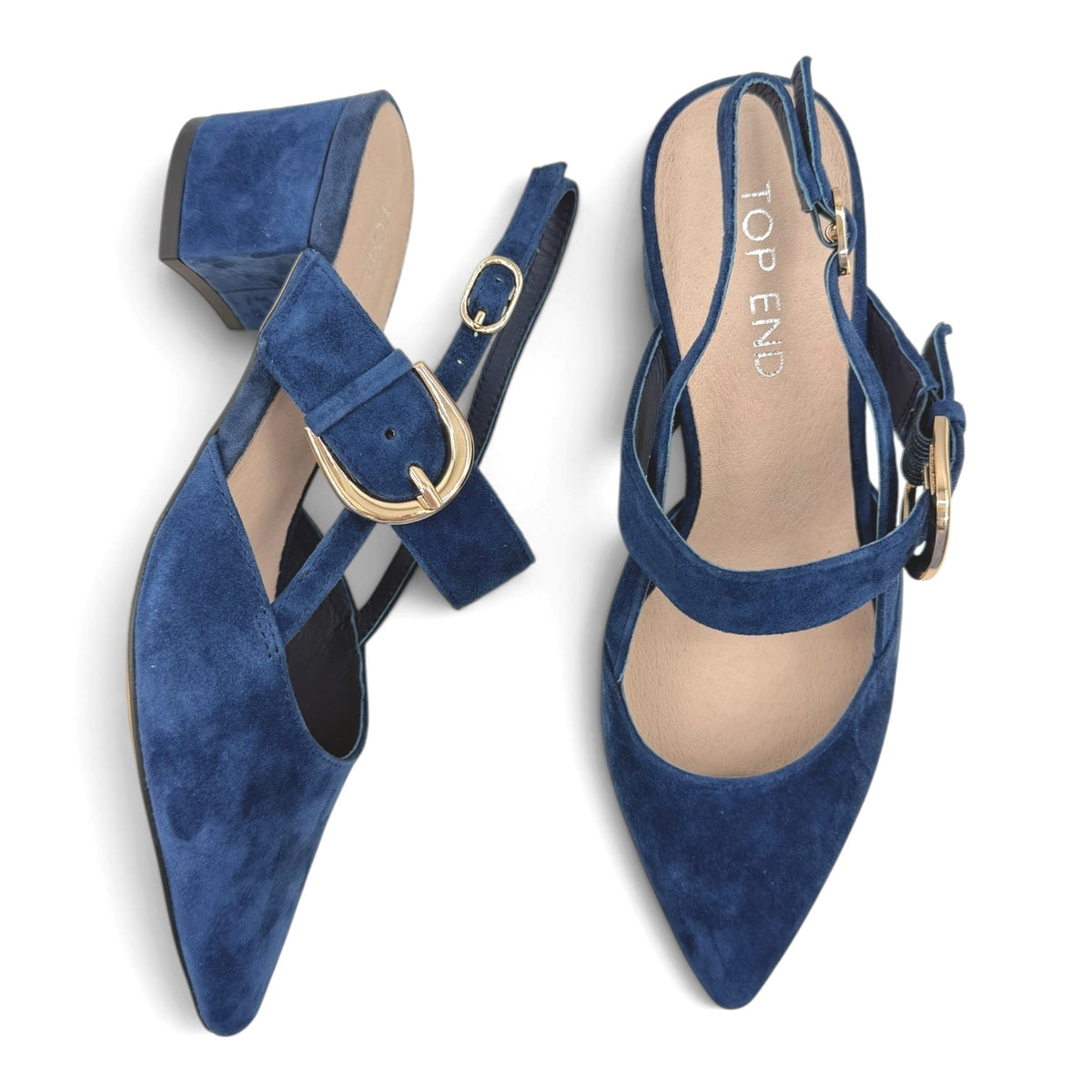 The Shoe Shop Asten navy blue suede pointed toe heels with block heel and gold buckle ankle strap