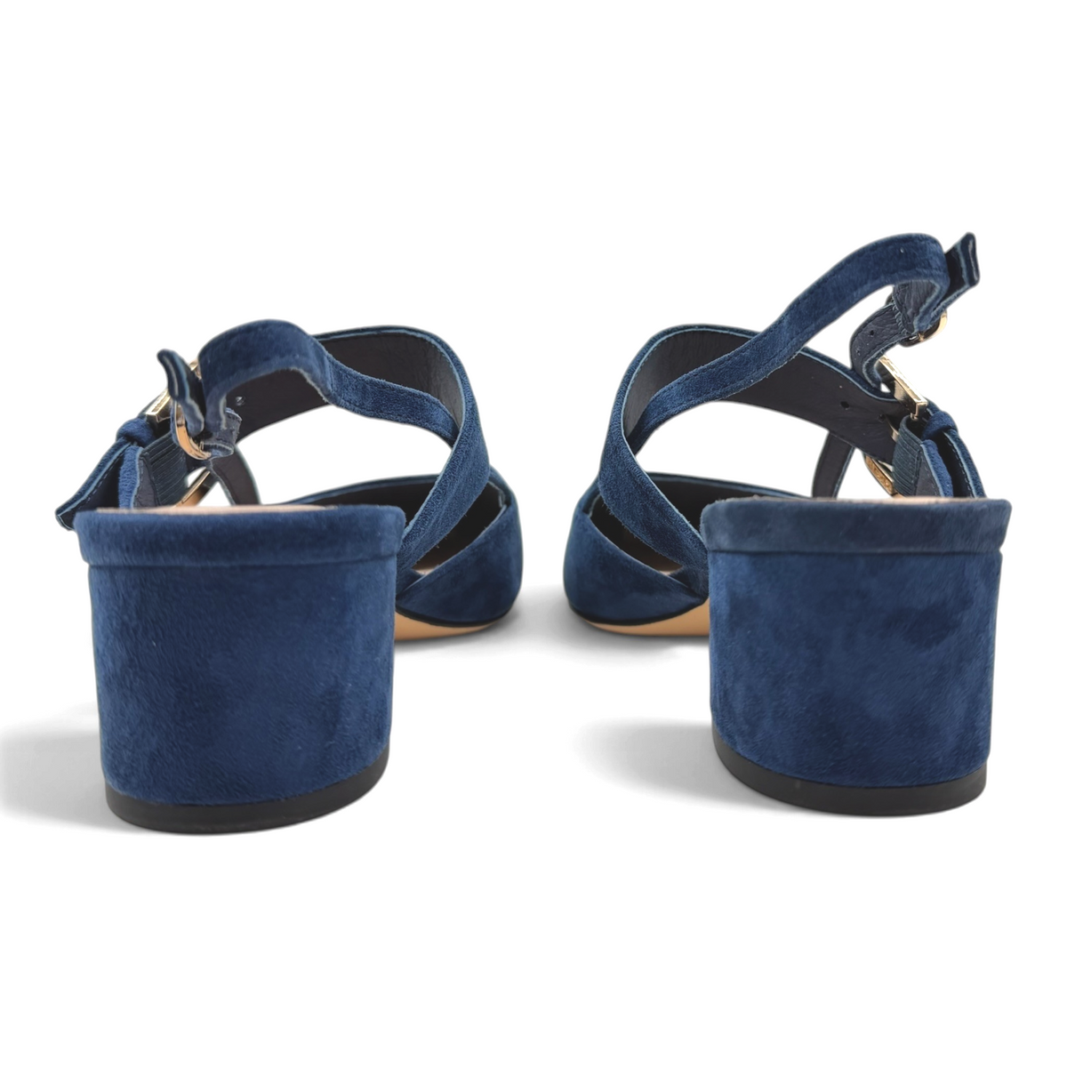 The Shoe Shop Asten navy blue suede block heels with adjustable ankle straps viewed from the back.