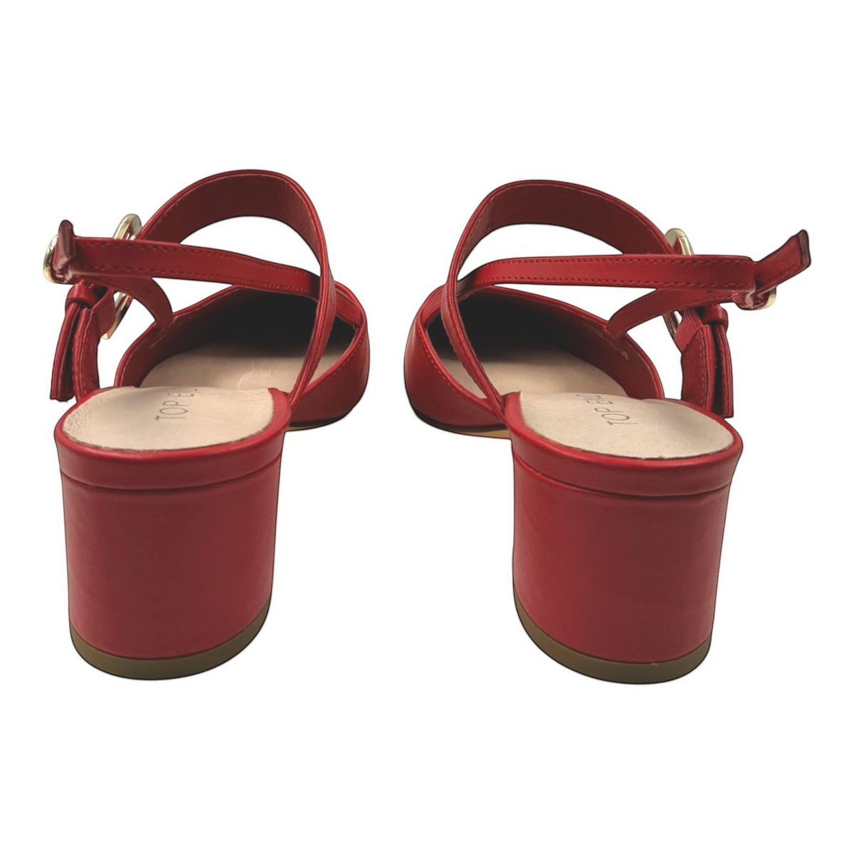 The Shoe Shop Asten red leather block heels with buckled arch and heel straps, shown from the back view.