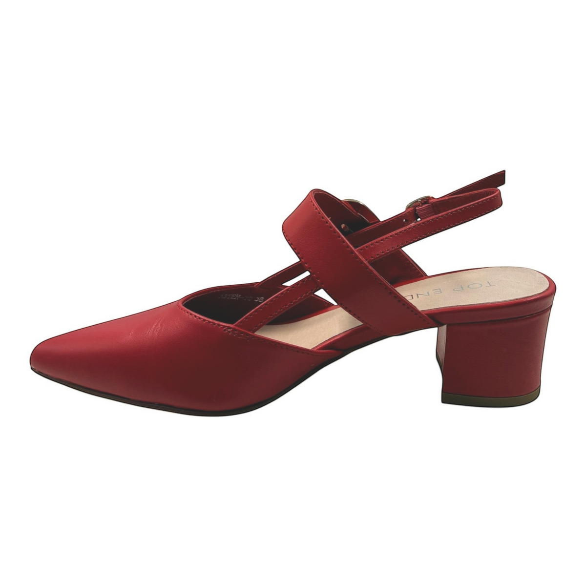 The Shoe Shop Asten red leather pointed toe heels with buckled arch and heel straps and a medium block heel.