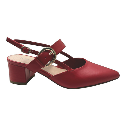 The Shoe Shop Asten red leather pointed toe heels with buckled arch and heel straps and a medium block heel.