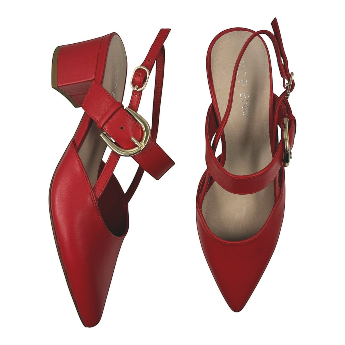 The Shoe Shop Asten red leather pointed toe heels with buckled arch and heel straps and a medium block heel.