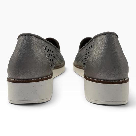 The Shoe Shop Austin Loafer in metallic grey leather with a perforated upper and white rubber sole, rear view.