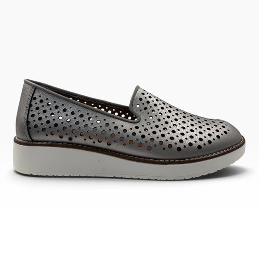 The Shoe Shop Austin Loafer in metallic silver leather with a breathable perforated design and white rubber sole.