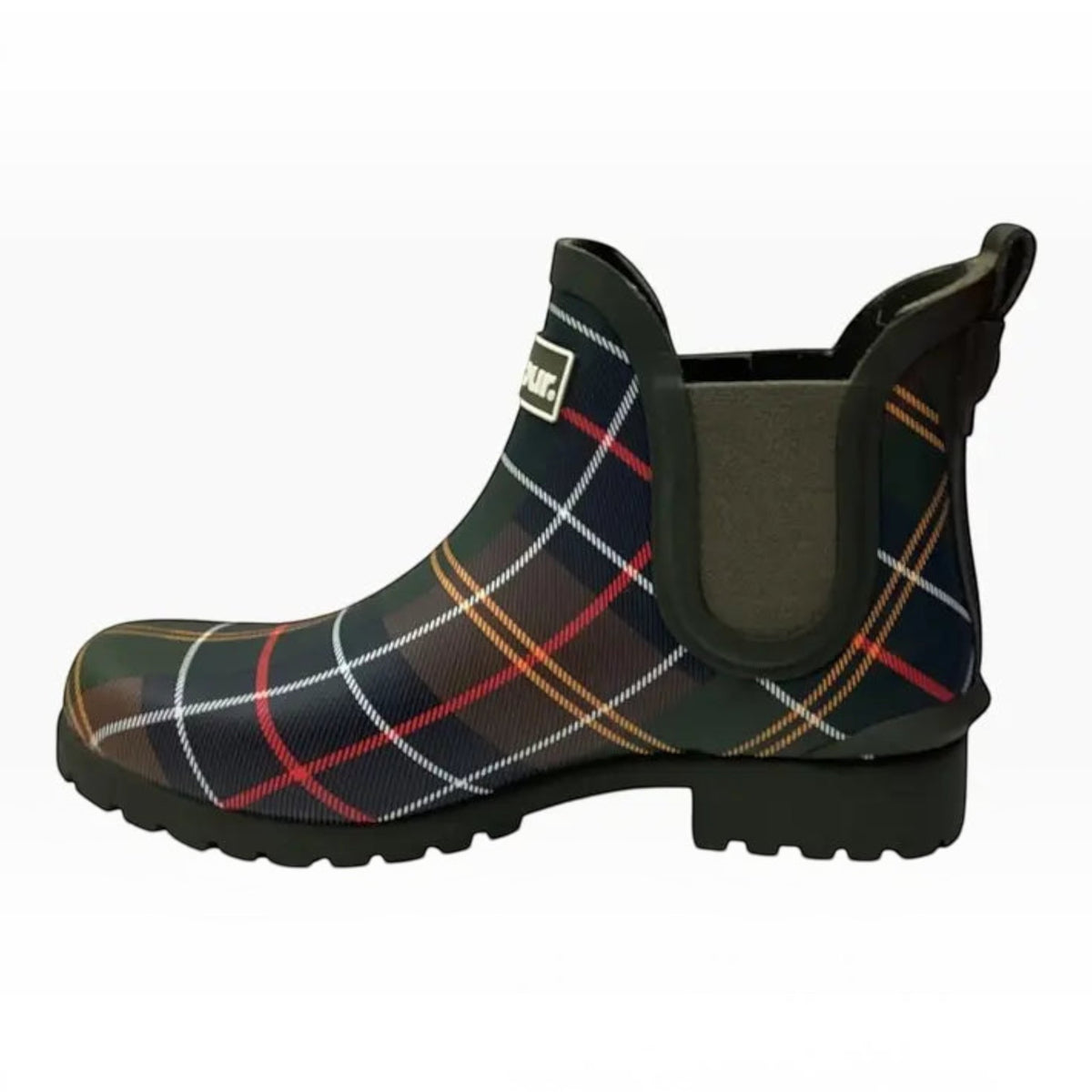 The Shoe Shop Barbour Wilton Chelsea Welly in tartan rubber with a commando sole and side elastic panels