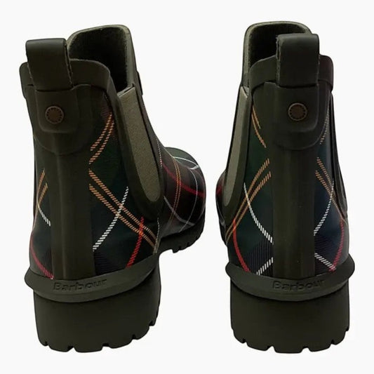 The Shoe Shop Barbour Wilton Chelsea Welly boots in olive rubber with signature tartan pattern and commando soles.