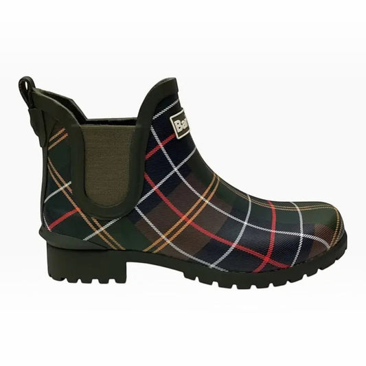 The Shoe Shop Barbour Wilton Chelsea Welly in dark green rubber with a signature tartan pattern and commando sole.