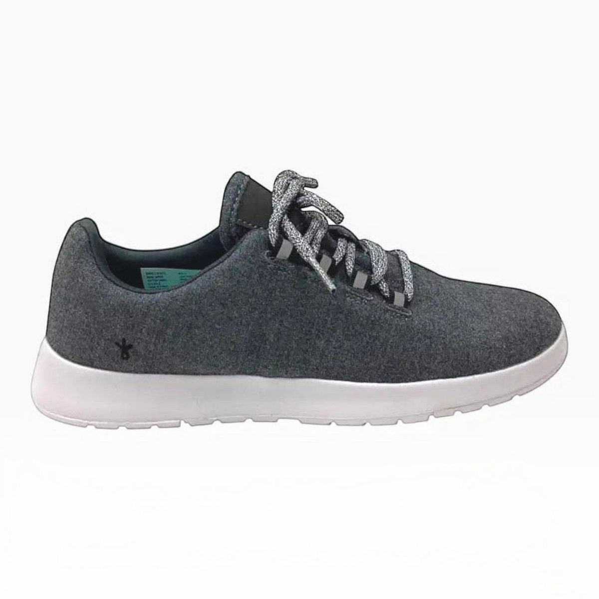 The Shoe Shop Barkly charcoal grey wool sneaker with a white flexible sole and grey patterned laces.