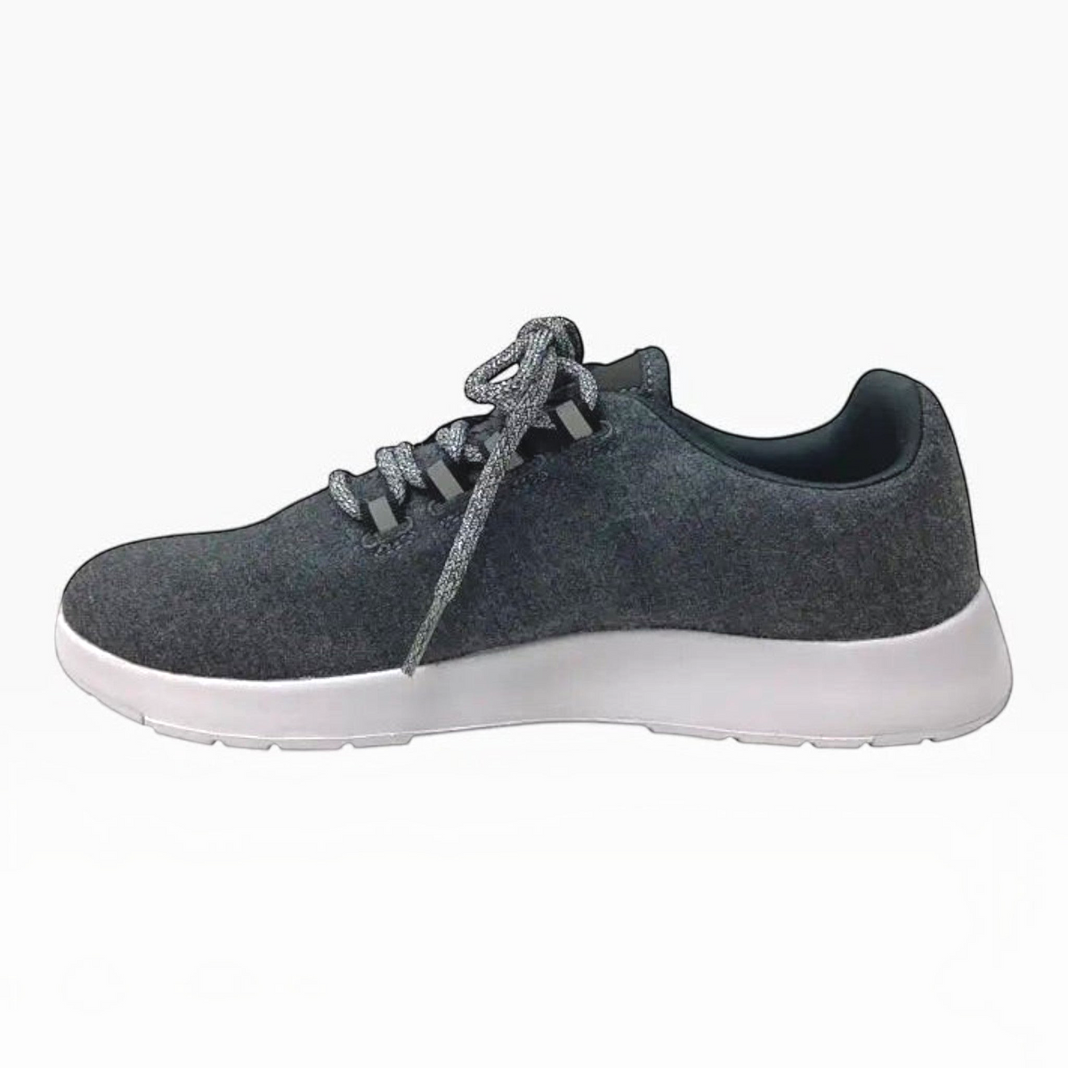 The Shoe Shop Barkly charcoal grey wool sneaker with a white flexible sole and grey laces, side profile view.
