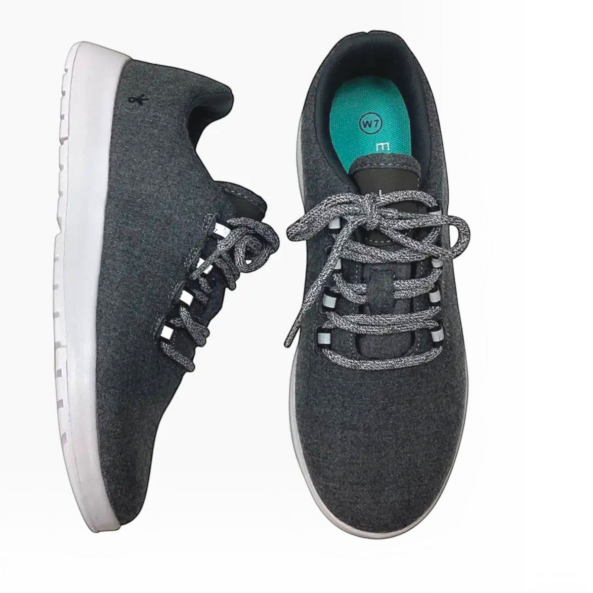 The Shoe Shop Barkly charcoal grey wool sneakers with white flexible soles and grey patterned laces