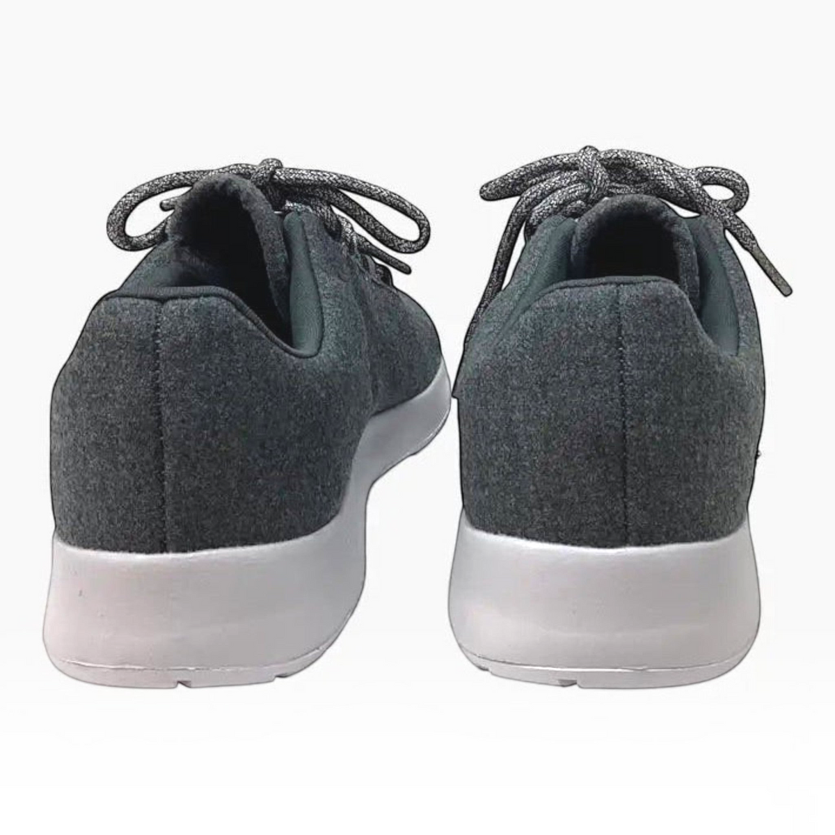 The Shoe Shop Barkly charcoal grey wool sneakers showing the back view with flexible soles and speckled laces.