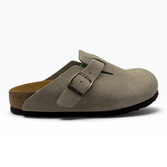 The Shoe Shop N2724 Neckermann beige suede slip-on clog with an adjustable metal buckle strap and cork footbed