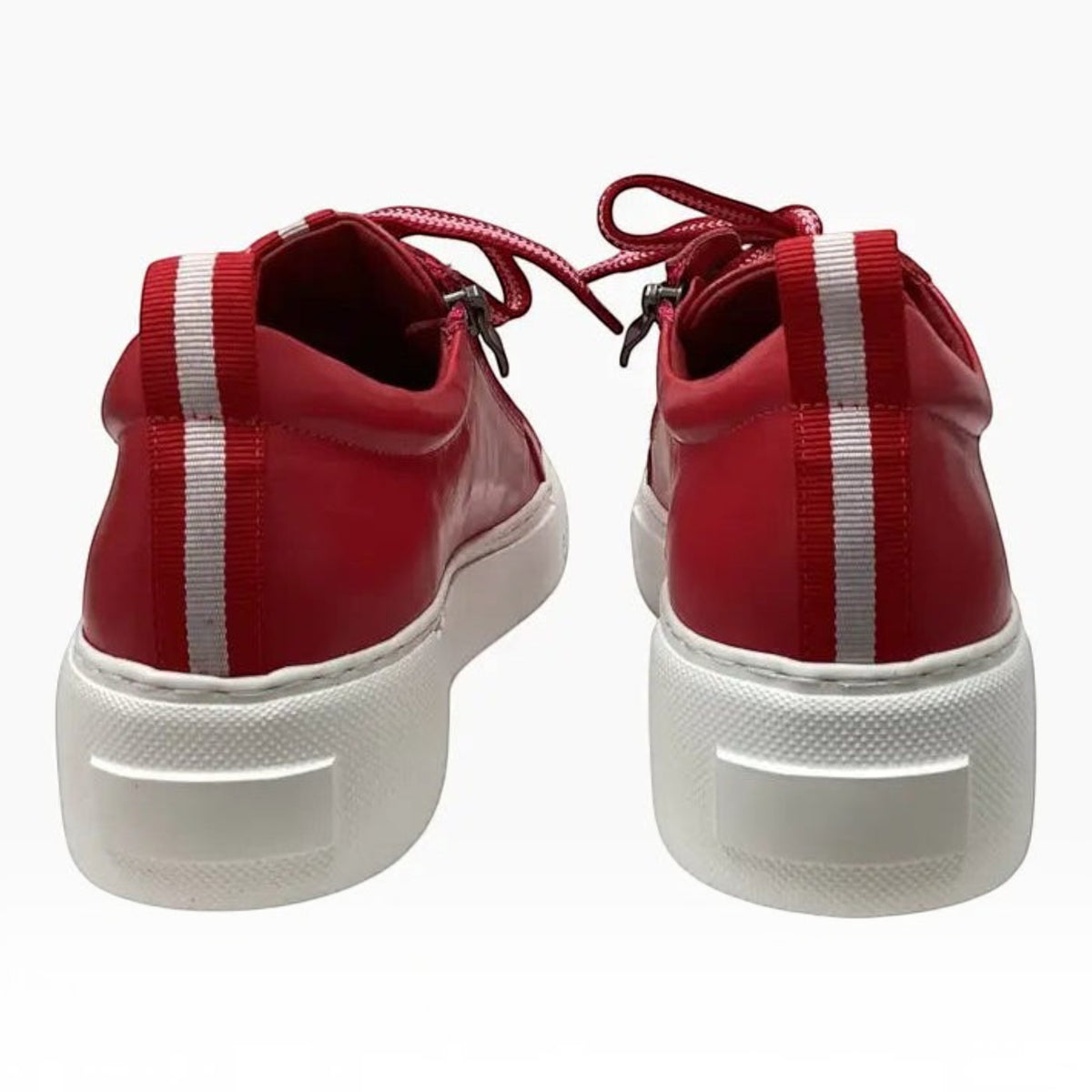 The Shoe Shop Belle Scarpe Romney red leather sneakers with white stripe back detail and thick white platform soles.