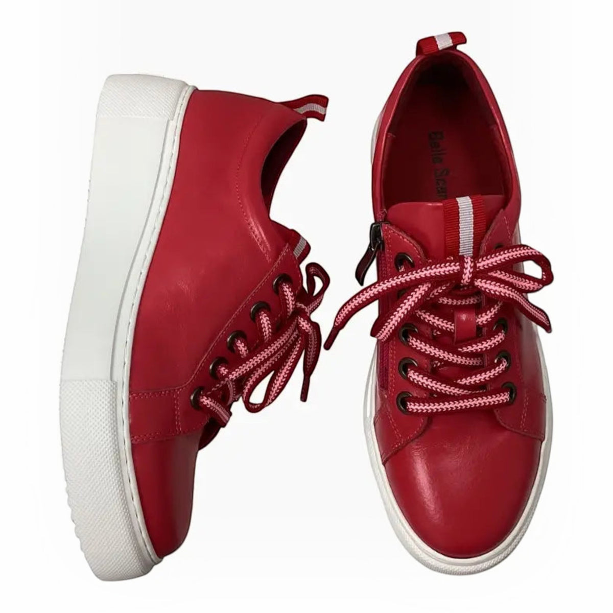 The Shoe Shop Belle Scarpe Romney red leather sneakers with side zip, striped laces, and white platform soles.