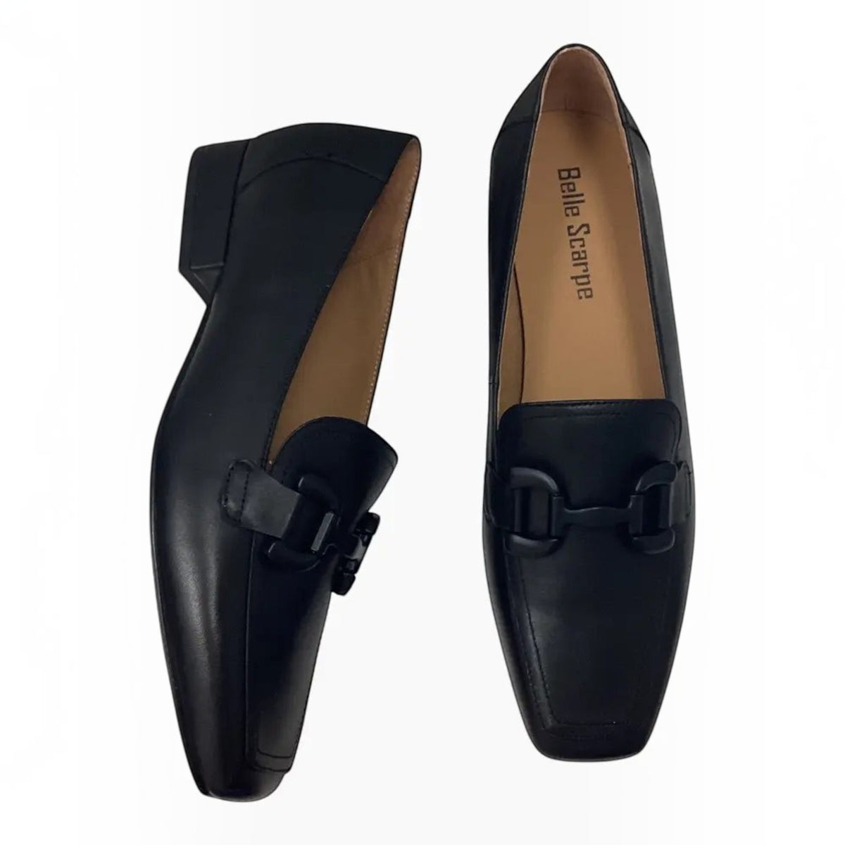 The Shoe Shop Belle Scarpe Remonde black leather flat shoe with a tonal buckle and low stacked heel.