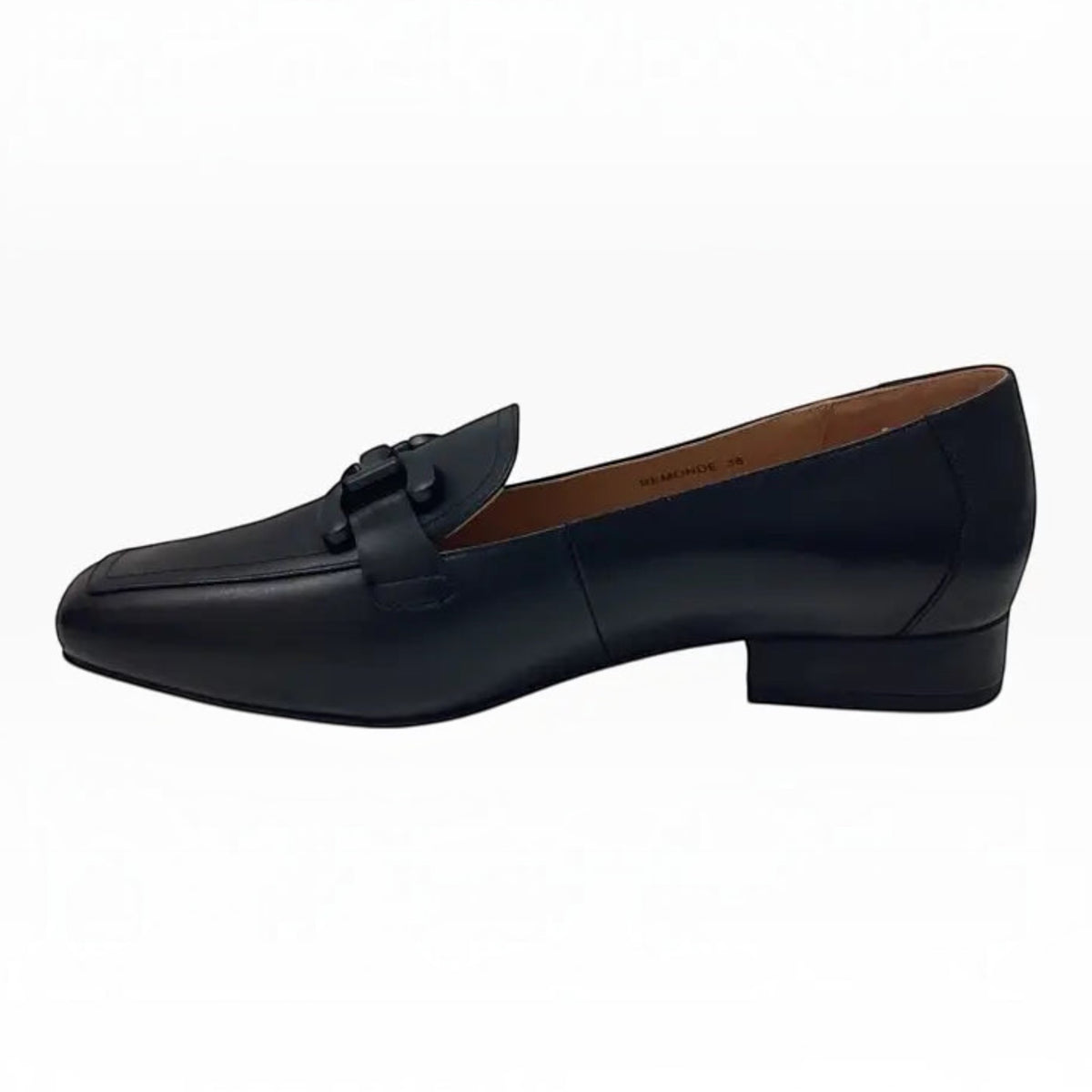 The Shoe Shop Belle Scarpe Remonde black leather flat shoe with tonal buckle detail and low stacked heel.