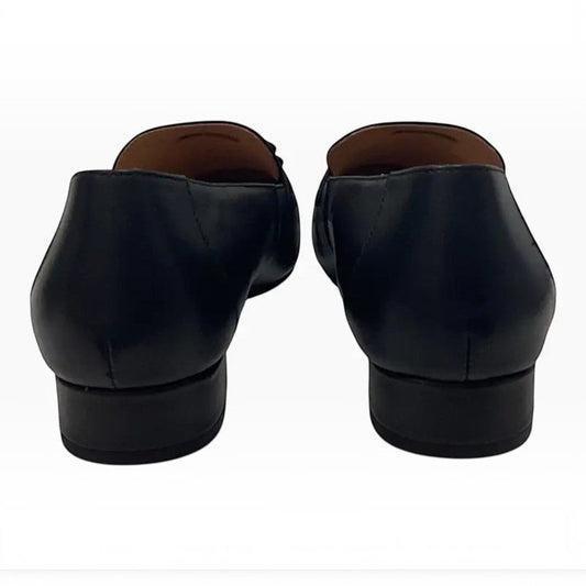 The Shoe Shop Belle Scarpe Remonde black leather flat shoes viewed from the back showing low stacked heels