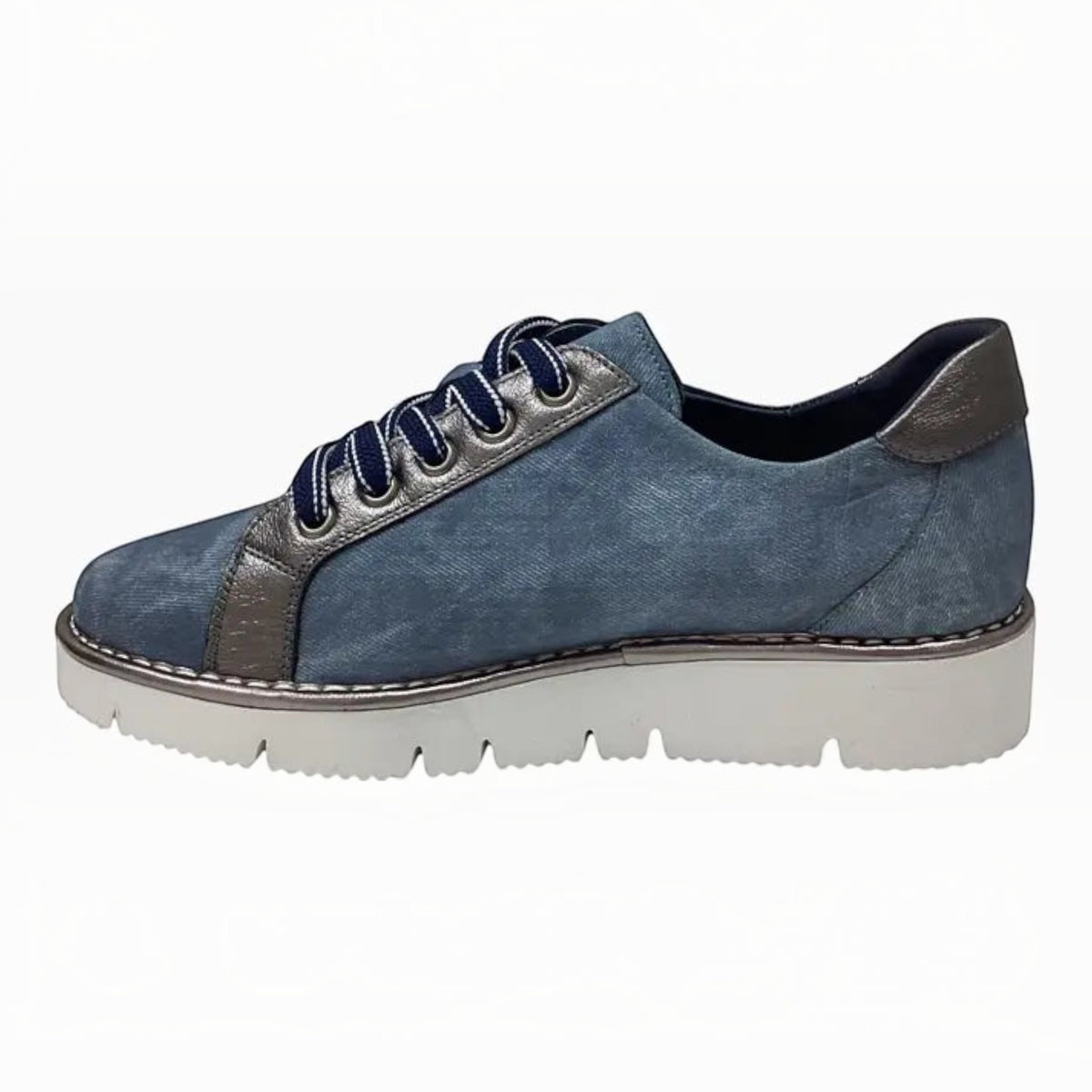 The Shoe Shop Belle Scarpe Roman blue leather sneaker with metallic accents and a white platform rubber sole.