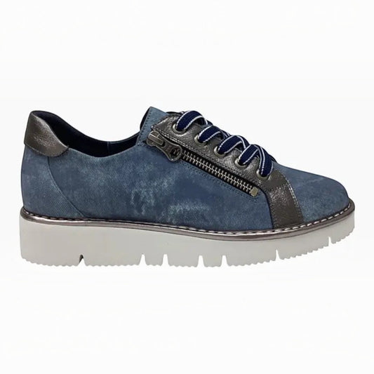 The Shoe Shop Belle Scarpe Roman blue leather sneaker with side zip, metallic accents, and white platform rubber sole.