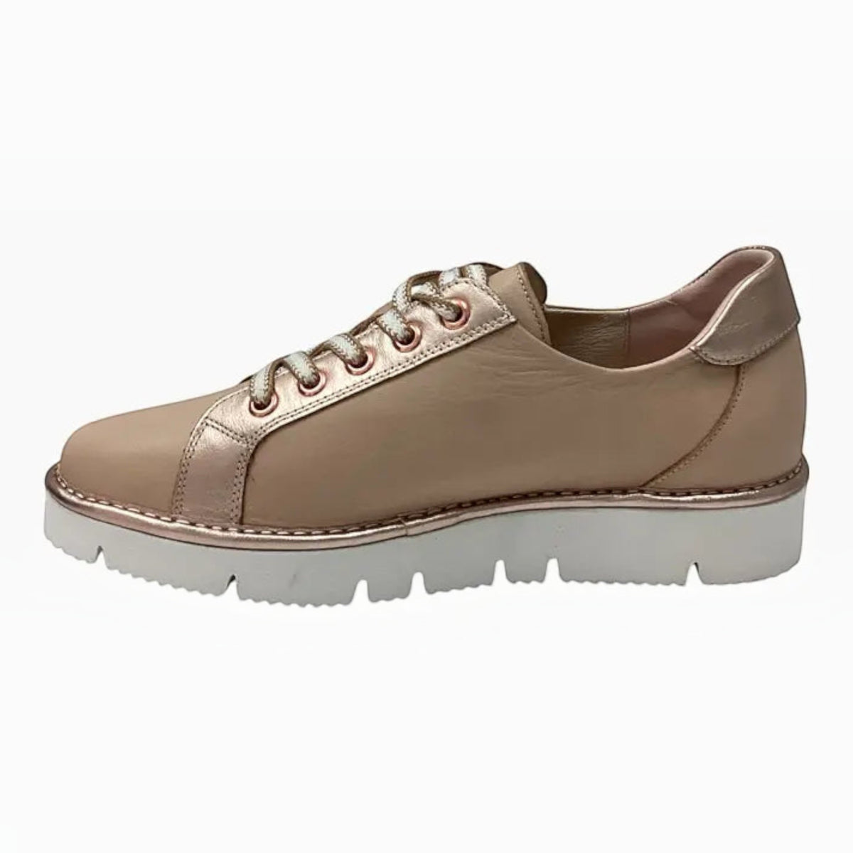 The Shoe Shop Belle Scarpe Roman Shoe in beige leather with metallic accents and a white platform rubber sole.