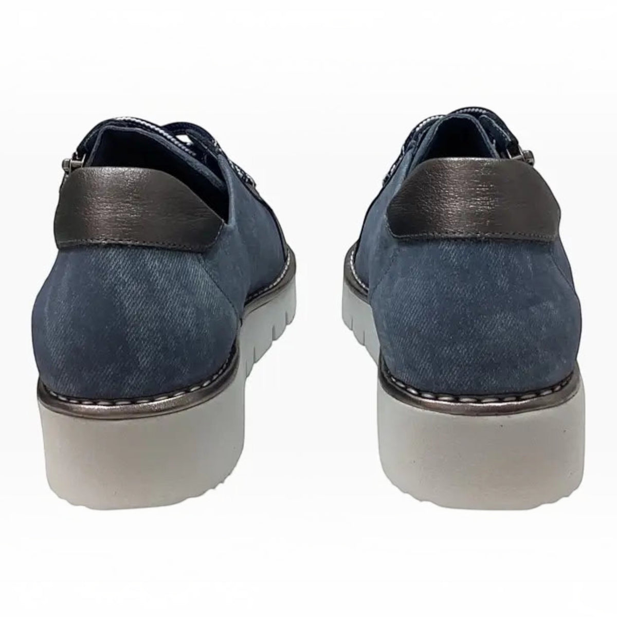 The Shoe Shop Belle Scarpe Roman Shoe in blue leather with metallic heel accents and a white platform rubber sole.