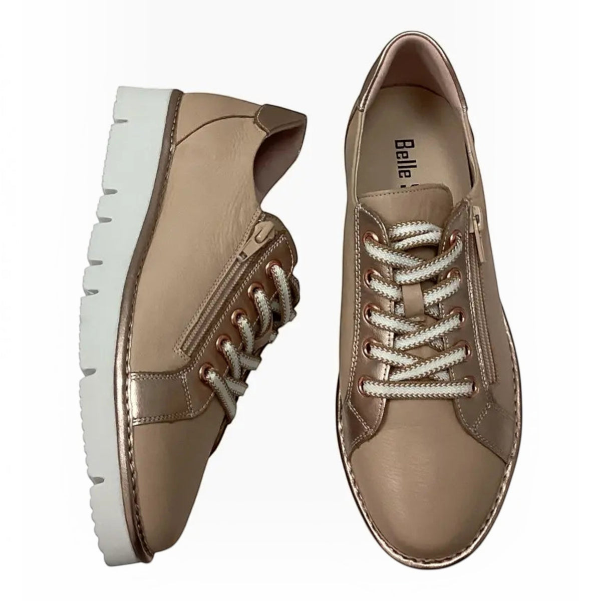 The Shoe Shop Belle Scarpe Roman Shoe in beige leather with metallic accents, side zip, and white platform sole.