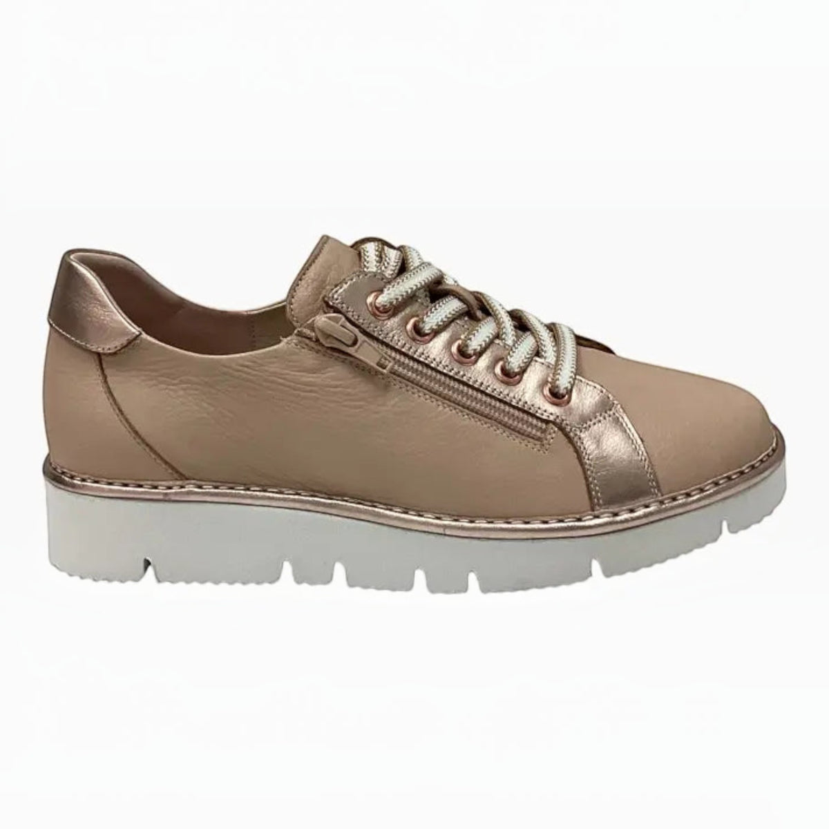 The Shoe Shop Belle Scarpe Roman Shoe in beige leather with metallic accents, side zip, and white platform sole.