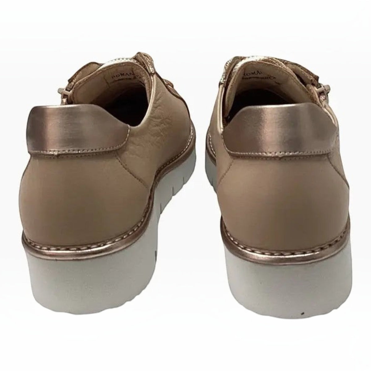 The Shoe Shop Belle Scarpe Roman leather sneakers in beige with metallic rose gold heel accents and white platform soles