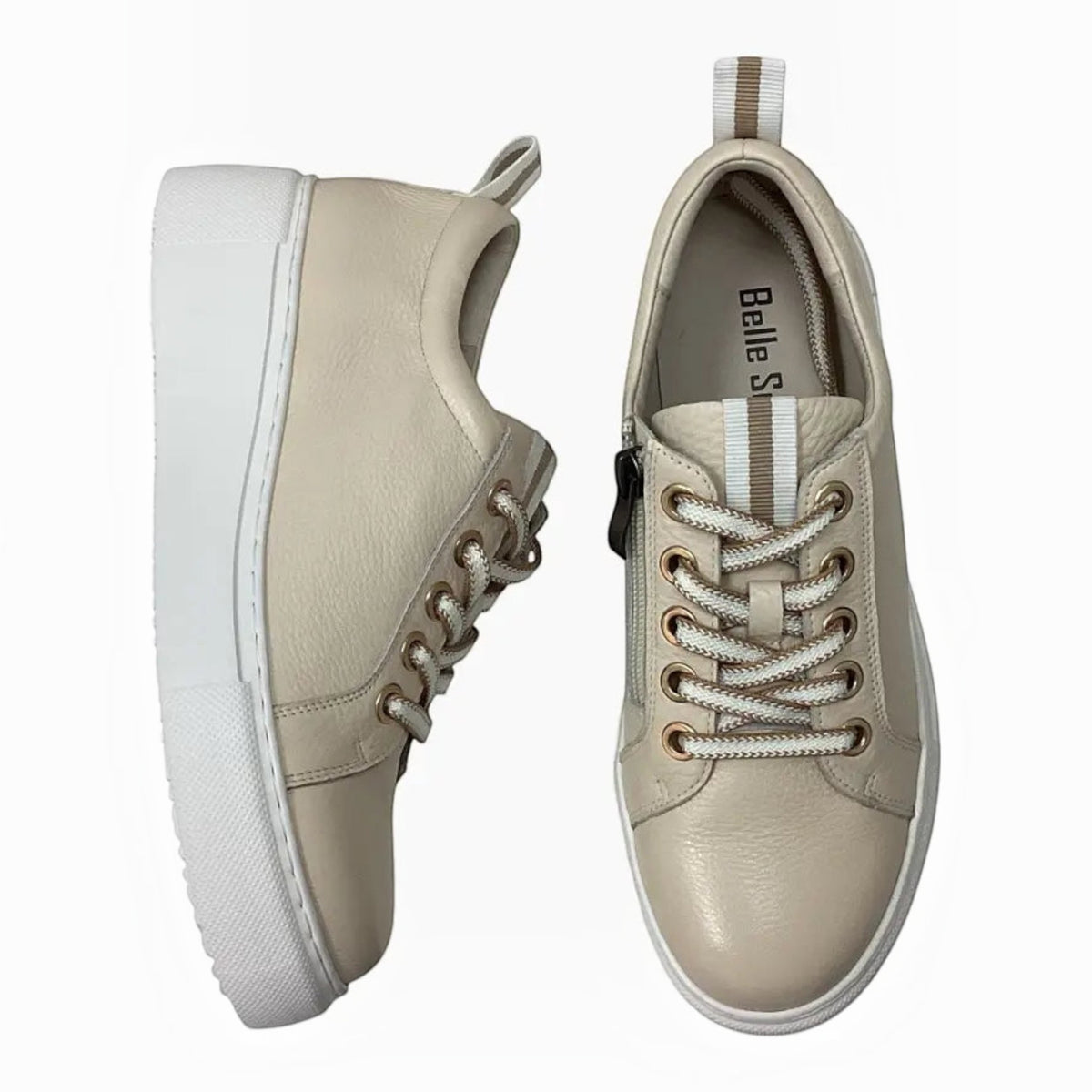 The Shoe Shop Belle Scarpe Romney beige leather sneakers with side zip, striped laces, and oversized eyelets.