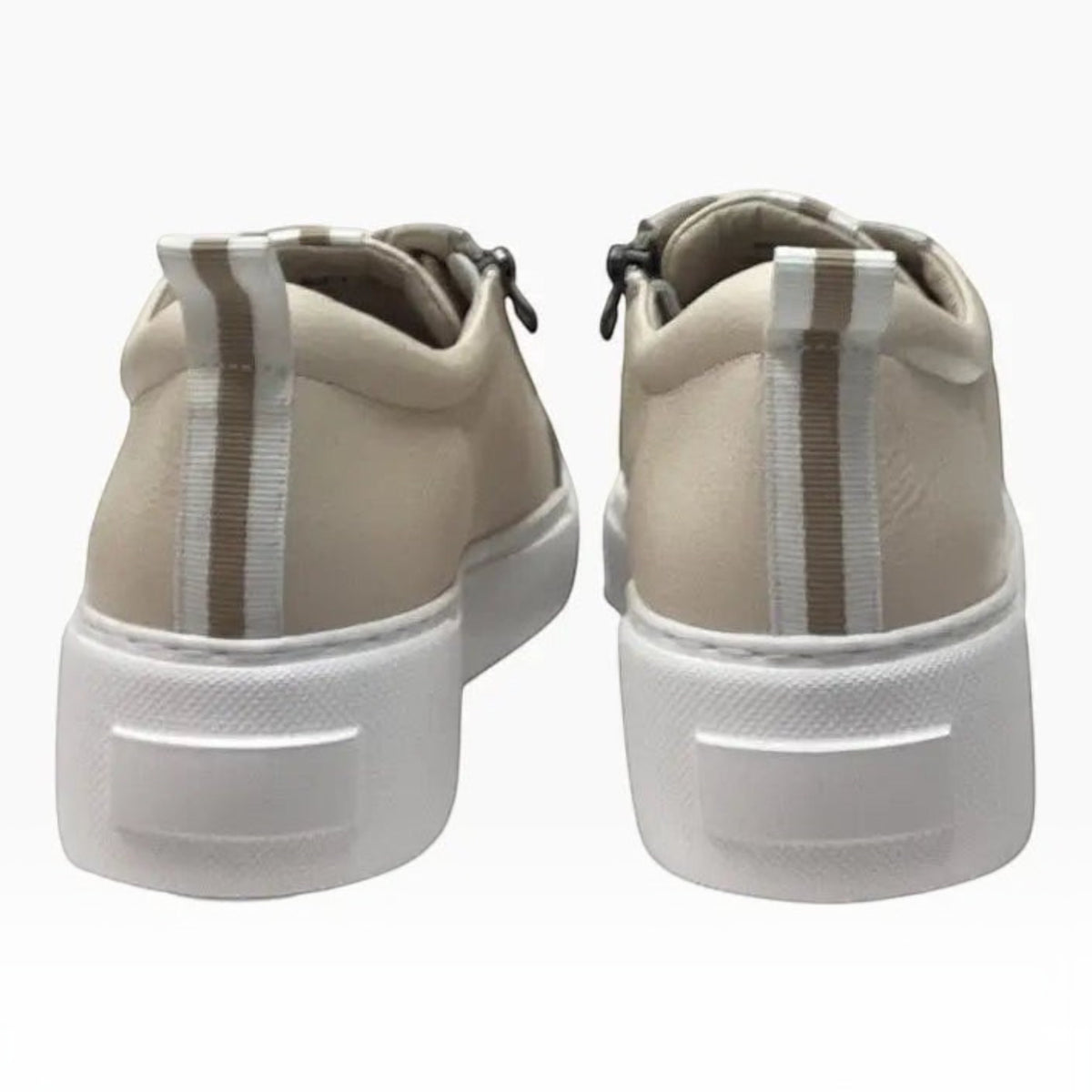 The Shoe Shop Belle Scarpe Romney beige leather sneakers featuring a back stripe detail and thick white rubber soles.