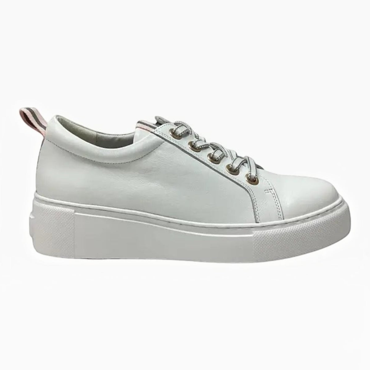 The Shoe Shop Belle Scarpe Romney white leather sneaker with oversized eyelets, striped laces, and back pull tab.