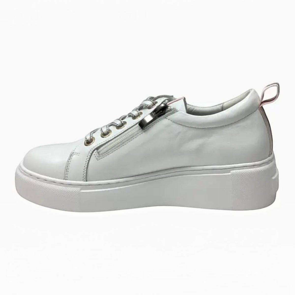 The Shoe Shop Belle Scarpe Romney white leather sneaker with side zip, oversized eyelets, and striped heel detail.